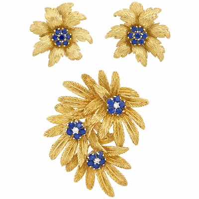 Lot 467 - Pair of Gold and Sapphire Flower Earclips and Gold, Sapphire and Diamond Flower Brooch, Tiffany & Co.