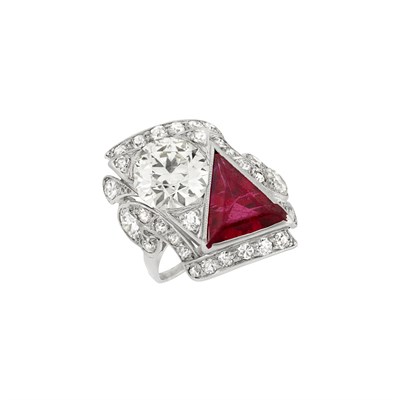 Lot 387 - Art Deco Platinum, Diamond and Synthetic Ruby Ring