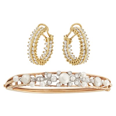 Lot 90 - Pair of Gold and Diamond Earclips and Gold, Platinum, Diamond and Cultured Pearl Bangle Bracelet
