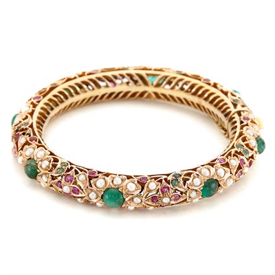 Lot 1542 - Gold, Emerald, Ruby and Cultured Pearl Bangle Bracelet