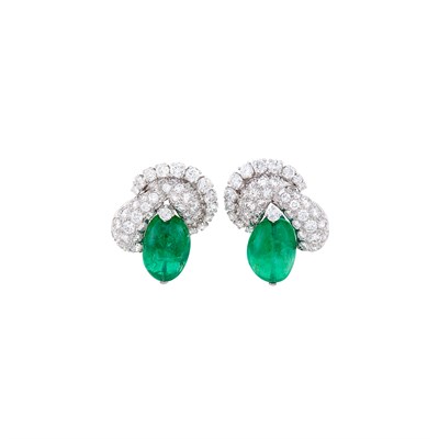 Lot 231 - Pair of Platinum, Emerald Bead and Diamond Earclips, David Webb