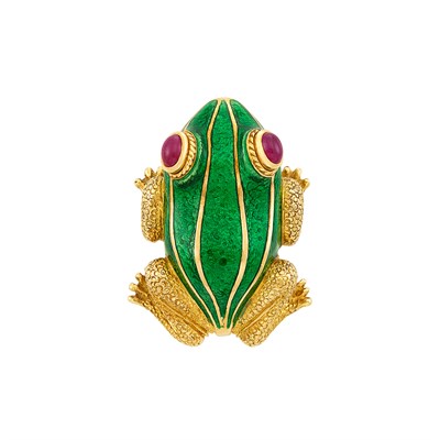 Lot 410 - Gold, Enamel and Cabochon Ruby Frog Clip-Brooch, David Webb