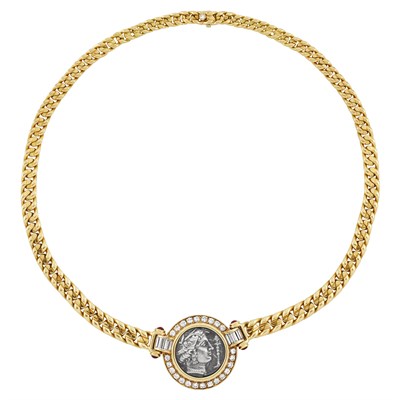 Lot 452 - Gold, Diamond, Ruby and Silver Coin Necklace, Bulgari