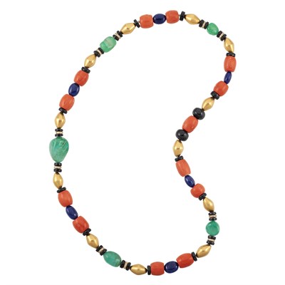 Lot 230 - High Karat Gold, Gold, Diamond, Emerald, Sapphire, Coral and Black Spinel Necklace