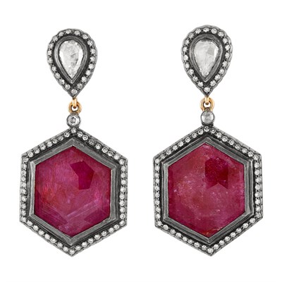 Lot 161 - Pair of Gold, Silver, Ruby and Diamond Pendant Earrings