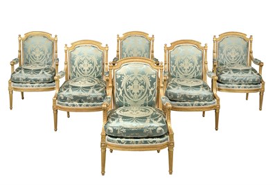 Lot 546 - Set of Six Louis XVI Giltwood Fauteuils à la...