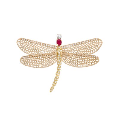 Lot 404 - Gold, Diamond and Ruby Dragonfly Brooch