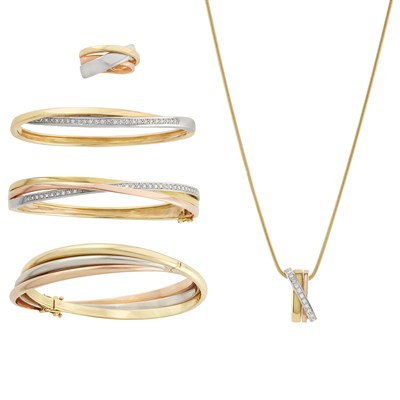 Lot 232 - Two Tricolor Gold and Diamond Bangles, Pendant and Chain, Guy Laroche, France and Tricolor Gold Ring and Bangle