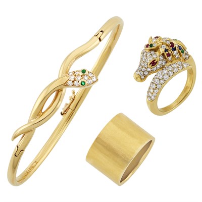 Lot 177 - Gold Band, Dinh Van, Gold, Diamond and Gem-Set Horse Ring and Snake Bangle Bracelet