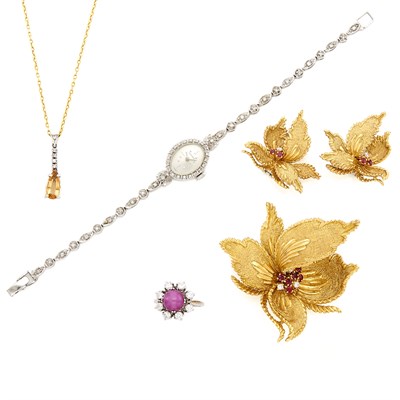 Lot 1472 - White Gold and Diamond Wristwatch, Longines, and Gold, Platinum, Diamond, Citrine, Ruby and Synthetic Ruby Jewelry