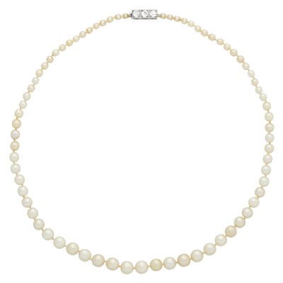 Lot 375 - Graduated Natural Pearl Necklace with White Gold and Diamond Clasp