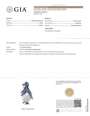 Lot 376 - Platinum, Natural Pearl and Sapphire Penguin Brooch, Cartier