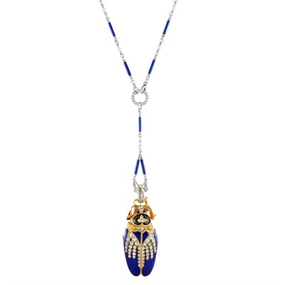 Lot 362 - Antique Gold, Diamond, Ruby and Enamel Beetle Pendant-Watch with Edwardian Platinum, Gold, Enamel and Diamond Chain