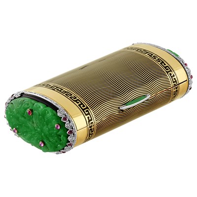Lot 355 - Art Deco Gold, Platinum, Jade, Diamond, Ruby and Enamel Box, Cartier, Paris