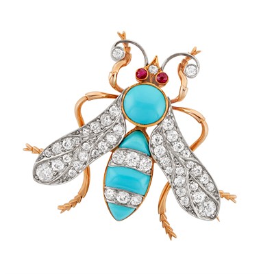 Lot 11 - Antique Platinum-Topped Gold, Diamond and Turquoise Wasp Pin
