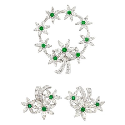 Lot 288 - Pair of Platinum, Diamond and Emerald Earclips and Brooch