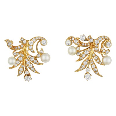 Lot 367 - Pair of Antique Gold, Pearl and Diamond Earclips