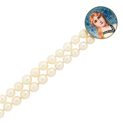 Lot 14 - Antique Gold, Silver, Enamel and Diamond Pin-Clasp with Cultured Pearl Bracelet
