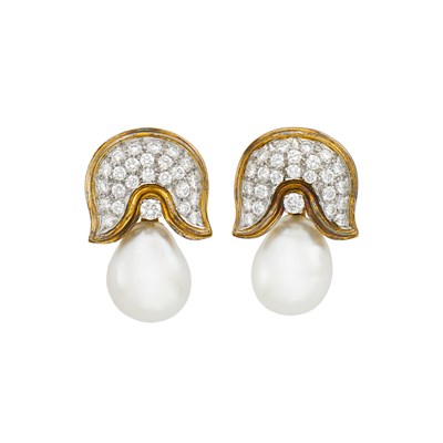 Lot 68 - Pair of Two-Color Gold, Baroque South Sea Cultured Pearl and Diamond Pendant-Earrings