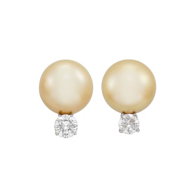 Lot 727 - Pair of Platinum, Golden Cultured Pearl and Diamond Earclips