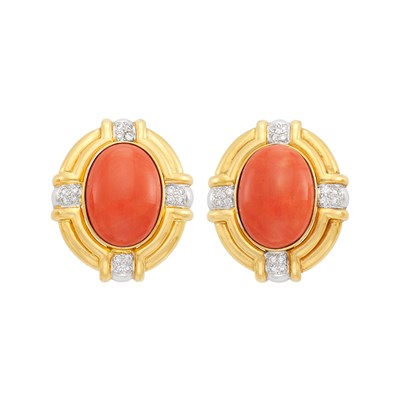 Lot 274 - Pair of Two-Color Gold, Coral and Diamond Earrings