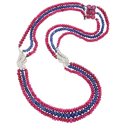 Lot 584 - Triple Strand Ruby and Sapphire Bead, Platinum, Diamond and Ruby Necklace