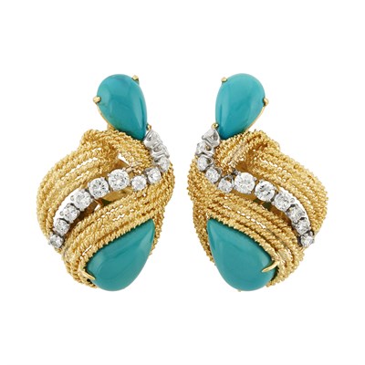 Lot 394 - Pair of Gold, Platinum, Turquoise and Diamond Earrings, David Webb