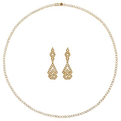 Lot 180 - Gold and Diamond Line Necklace and Pair of Pendant Earrings