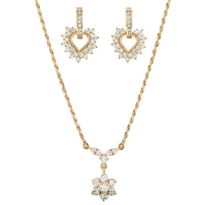 Lot 128 - Pair of Gold and Diamond Pendant Earrings and Pendant Necklace