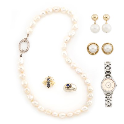 Lot 1665 - Silver, Gold and Lapis Ring, Cartier, Stainless Steel and Diamond Wristwatch, Dior, Pair of Gold and Mabé Pearl Earrings, Pair of Gold and Cultured Pearl Earrings and Insect Pin