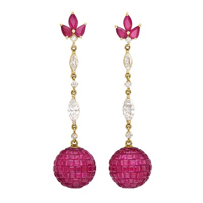 Lot 405 - Pair of Gold, Invisibly-Set Ruby and Diamond Pendant-Earrings