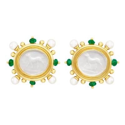 Lot 161 - Pair of Gold, White Glass Intaglio, Cultured Pearl and Emerald Bead Earclips, Elizabeth Locke