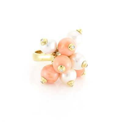 Lot 1521 - Gold, Coral, Cultured Pearl and Diamond Fringe Ring