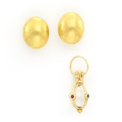 Lot 1553 - Pair of Gold Dome Earrings and Rock Crystal Pendant