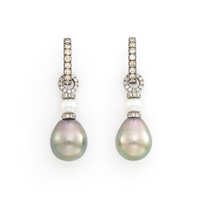 Lot 1534 - Pair of Blackened Gold, Cultured Pearl, Gray Tahitian Pearl and Brown Diamond Pendant-Earrings