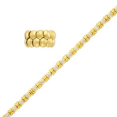 Lot 4 - Gold and Diamond Bracelet and Flexible Wide Gold Band Ring