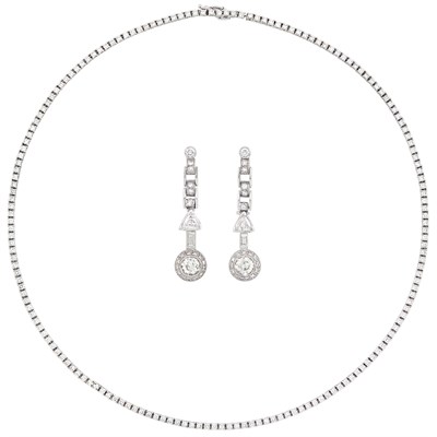 Lot 437 - White Gold and Diamond Necklace and Pair of Pendant-Earrings