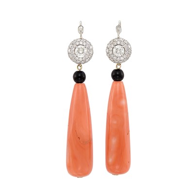 Lot 108 - Pair of Platinum, Diamond, Coral and Black Onyx Bead Pendant-Earrings