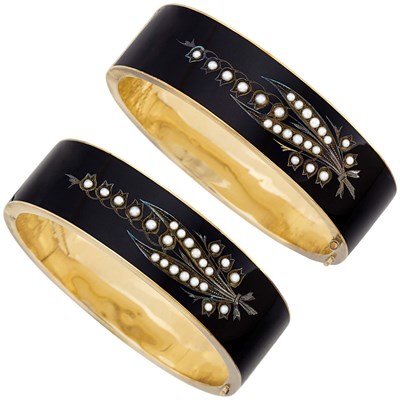 Lot 143 - Pair of Antique Gold, Black Enamel and Split Pearl Bangle Bracelets