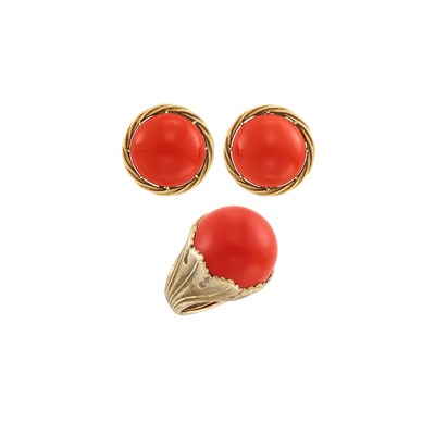 Lot 41 - Pair of Gold and Oxblood Coral Earclips and Ring