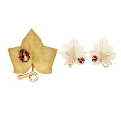 Lot 169 - Pair of Gold, Carved Frosted Rock Crystal, Enamel and Diamond Earclips and Two-Color Gold, Enamel and Diamond Leaf Clip-Brooch