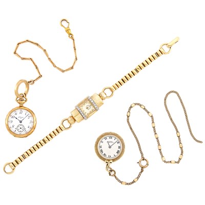 Lot 1591 - Two Gold Pendant-Watches, Elgin & Girard Perregaux, and Gold and Diamond Wristwatch, Bigelow, Kennard & Co.