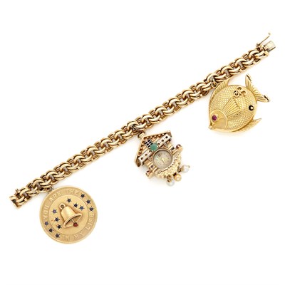 Lot 1473 - Gold and Gem-Set Charm Bracelet
