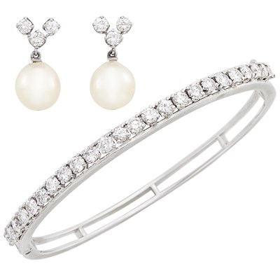 Lot 1197 - White Gold and Diamond Bangle Bracelet and Pair of Cultured Pearl and Diamond Earclips
