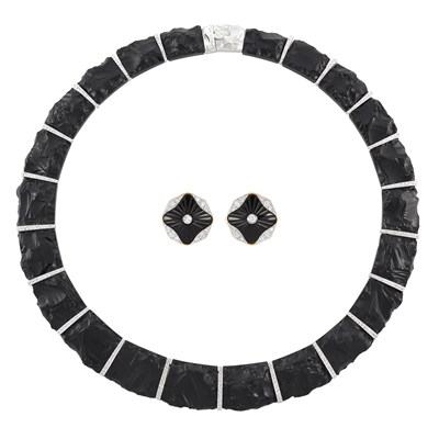 Lot 384 - White Gold, Black Onyx and Diamond Necklace and Pair of Earclips
