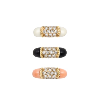 Lot 50 - Three Gold, White Coral, Coral, Black Onyx and Diamond 'Philippine' Rings, Van Cleef & Arpels, France