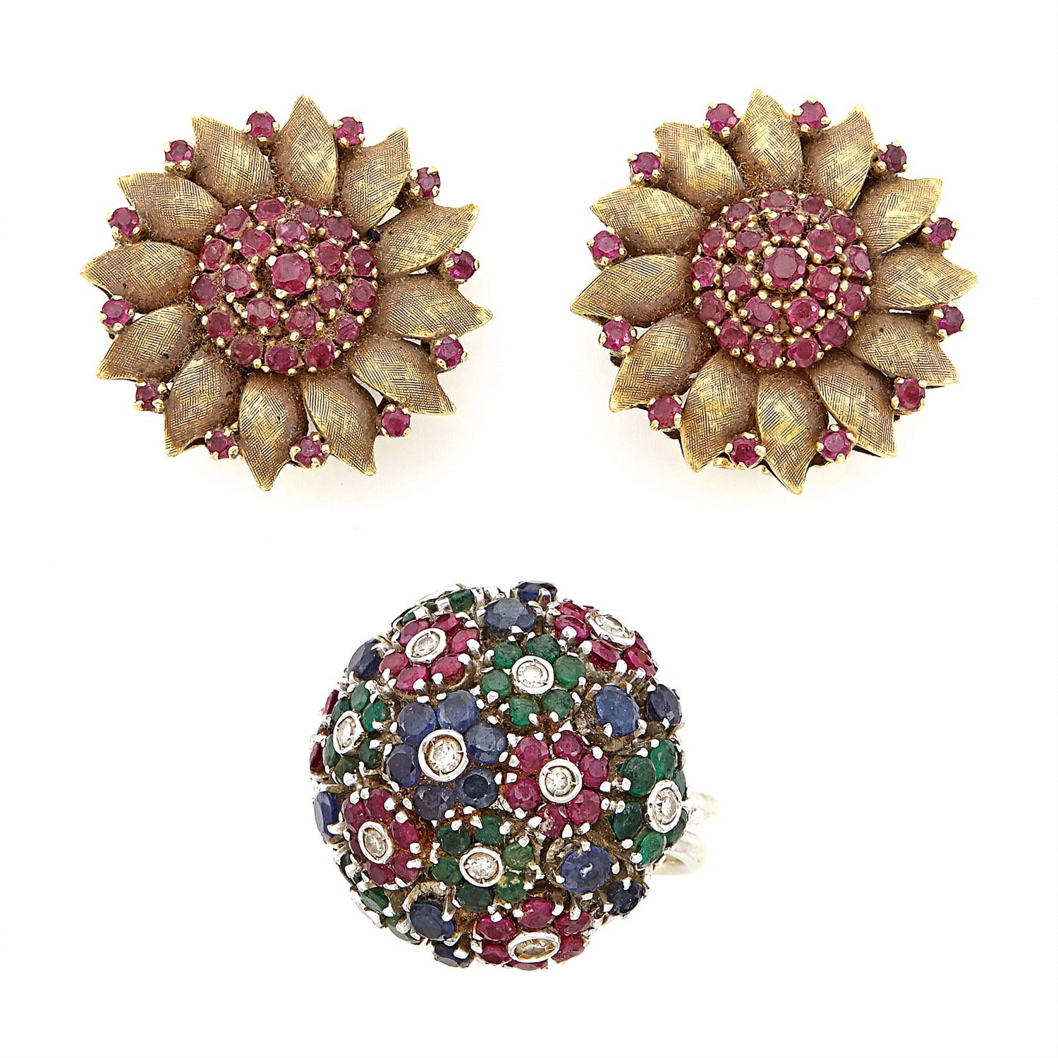 Lot 1466 - Pair of Gold and Ruby Flower Earclips and White Gold, Gem-Set and Diamond Floret Dome Ring