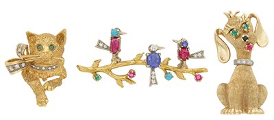 Lot 221 - Three Gold, Diamond and Gem-Set Cat, Dog and Bird Brooches