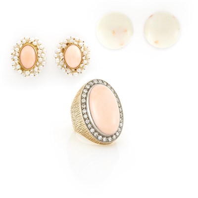 Lot 1114 - Two-Color God, Angel Skin Coral and Diamond Ring, Pair of Gold and White Coral Earclips and Gold, Angel Skin Coral and Cultured Pearl Earclips