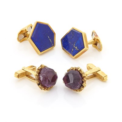 Lot 1666 - Pair of Gold and Lapis Cufflinks and Amethyst Cufflinks, John Donald